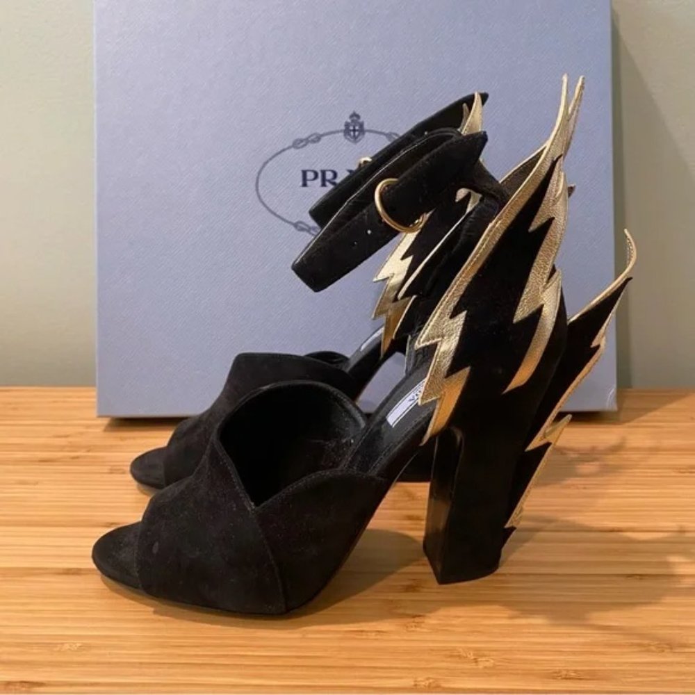 Lightning Open Toed Prada Heels Shoes Black Gold